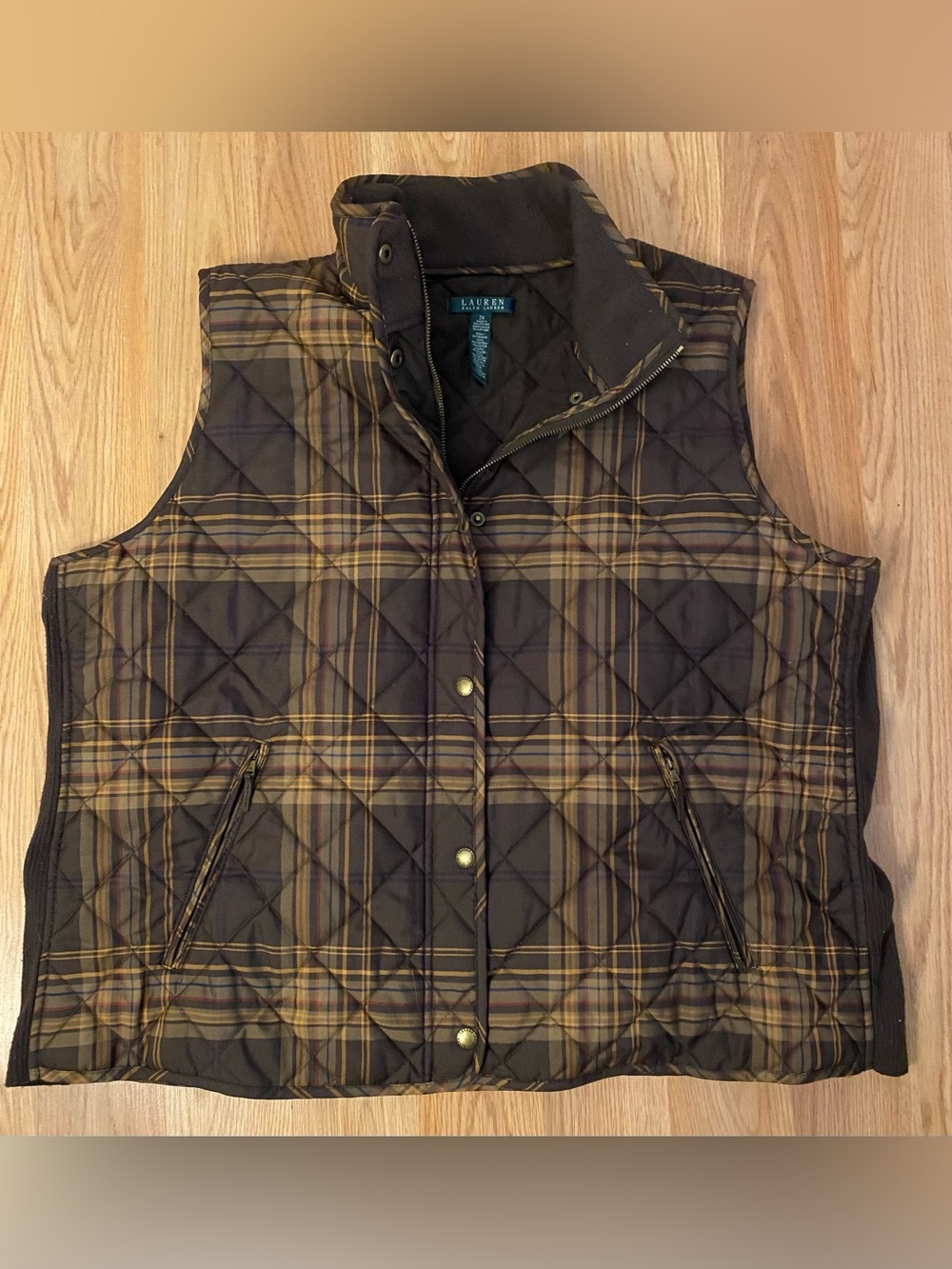 Lauren Ralph Lauren Quilted Plaid Vest in Brown and Tan 3X